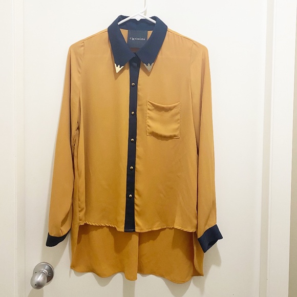 C by Chelsea High Low Long Sleeve Button Blouse Metal Collar Pumpkin Navy S/M - Picture 1 of 8